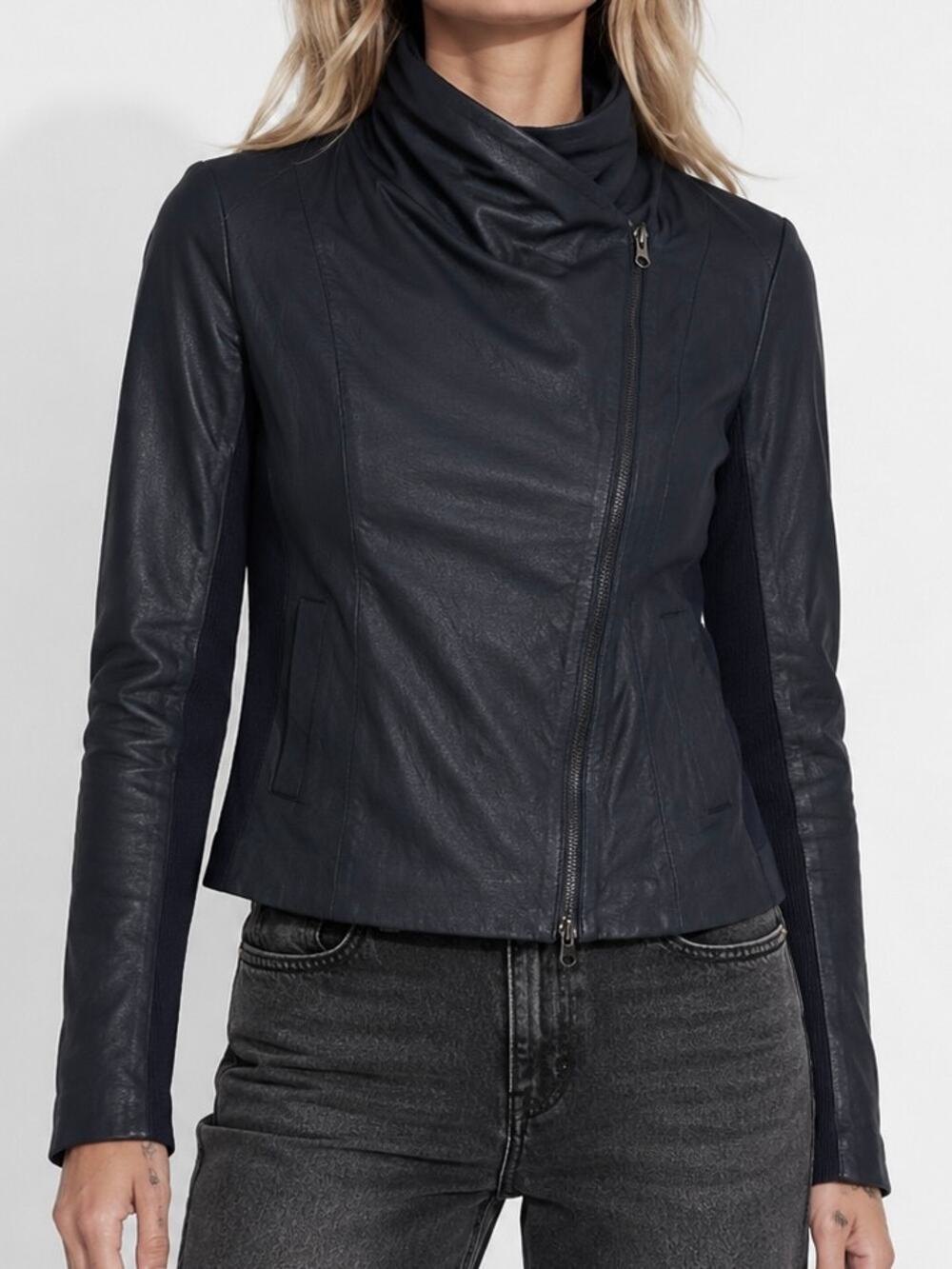VINCE 100% Leather Scuba Jacket Asymmetric Zip Draped Collar Moto Navy Blue